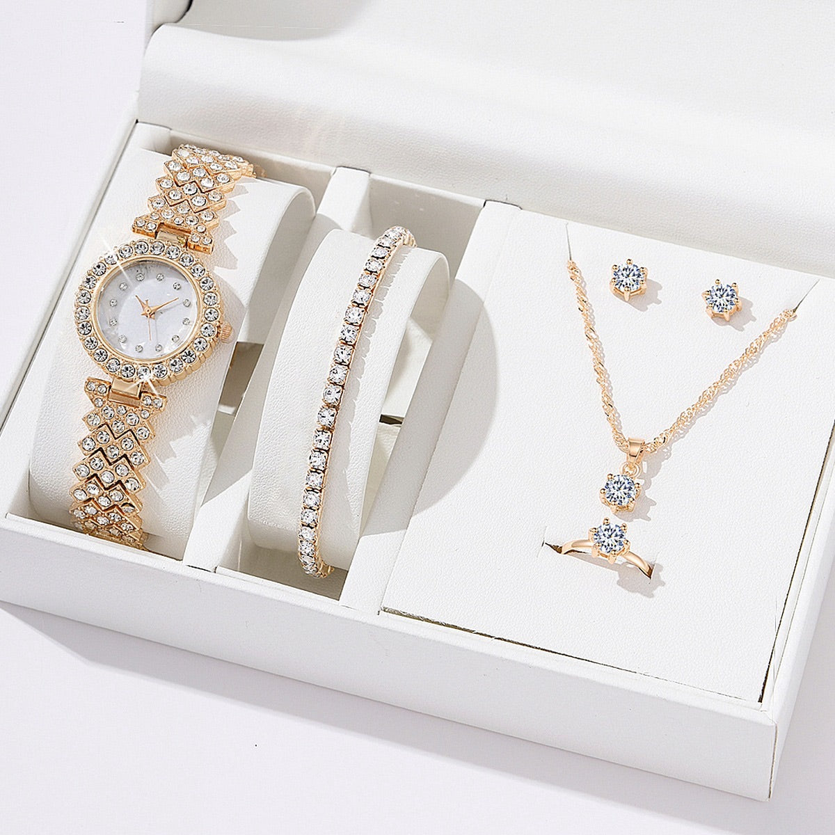 Parure dorée en strass : montre, bracelet tennis, collier et boucles